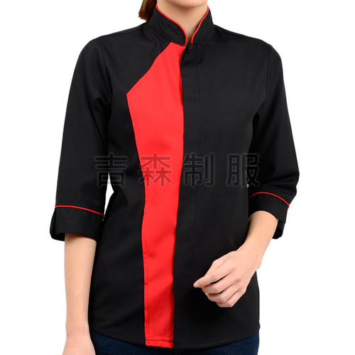 旗袍領剪接襯衫-黑+紅