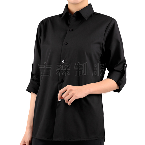 素色長袖反摺襯衫-黑