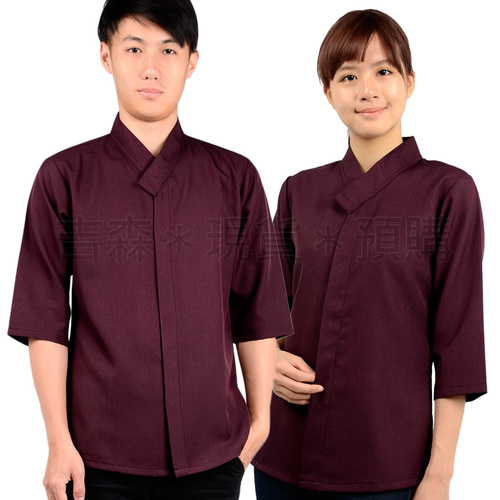 和風立領襯衫-深紫紅