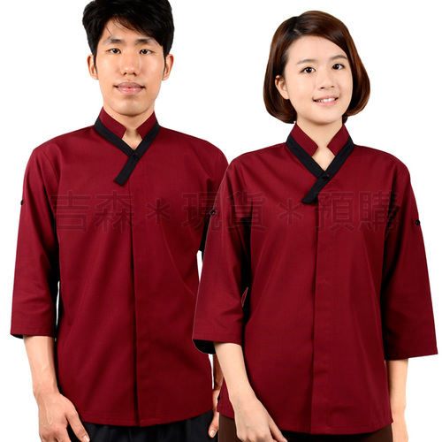 和風立領V襟襯衫-暗紅