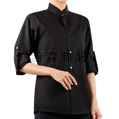 立領長袖反摺襯衫-黑