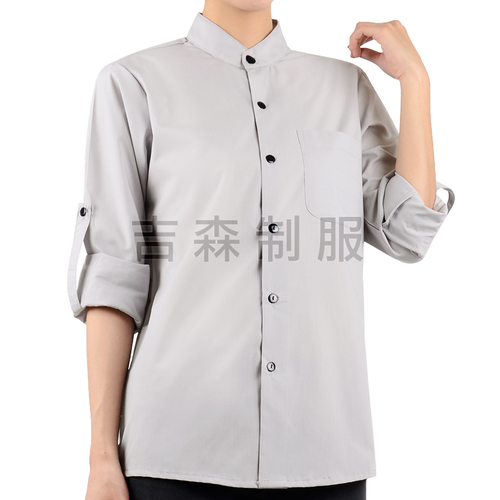 立領長袖反摺襯衫-淺灰